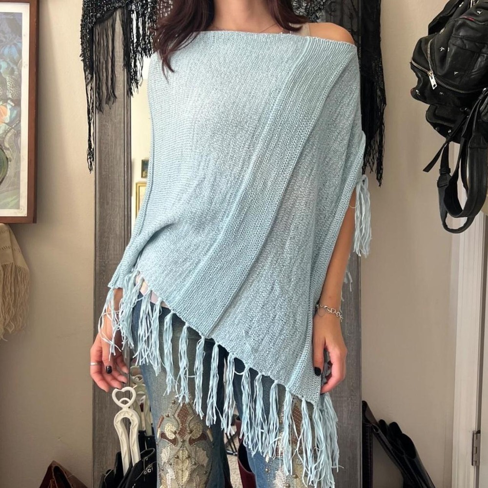 k.b. collections Light Blue Fringe Knit Poncho Shawl Y2K Boho Metallic One Size